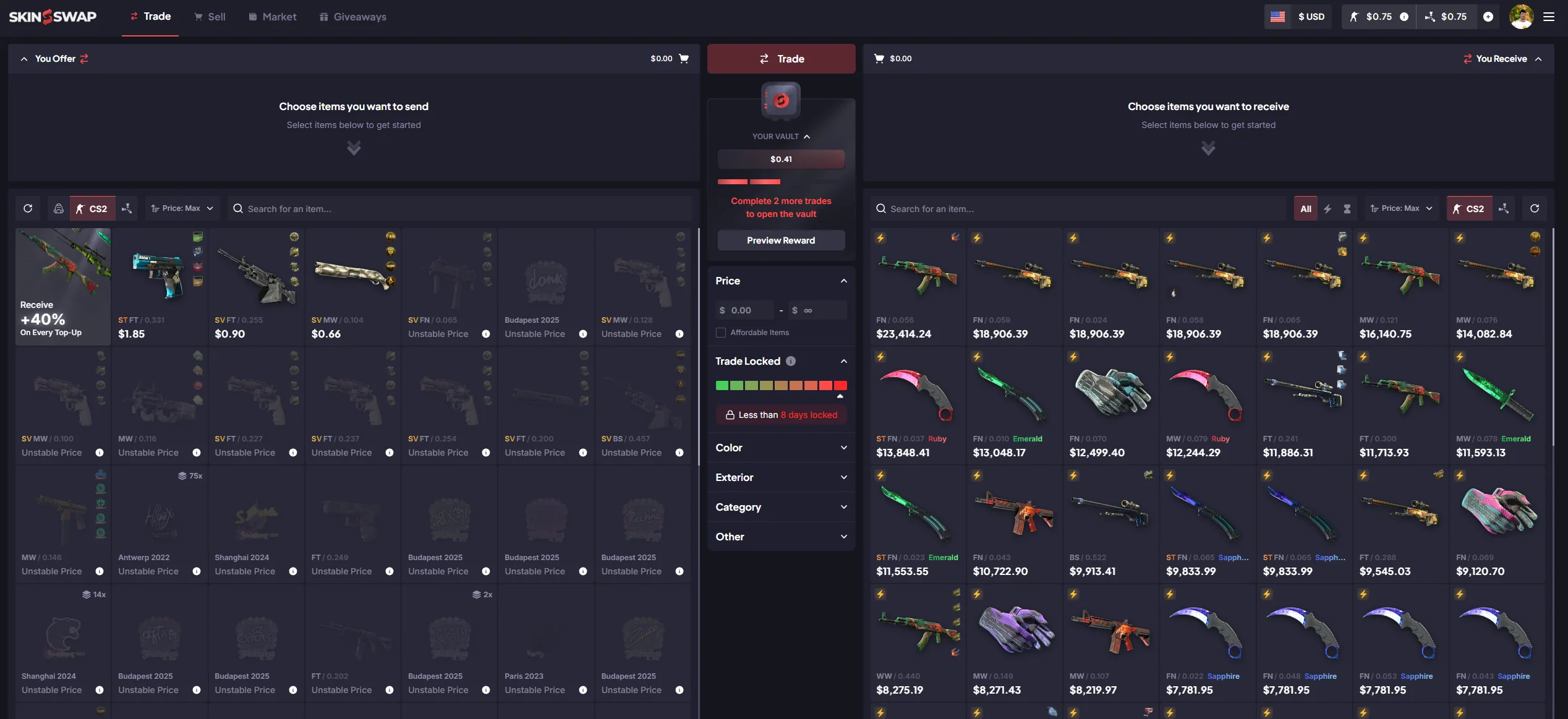 The SkinSwap exchange page, your inventory on the left, bot stock on the right