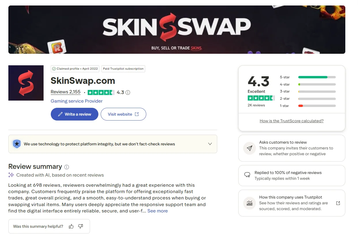 Trustpilot profile: 4.3 from 2,155 reviews