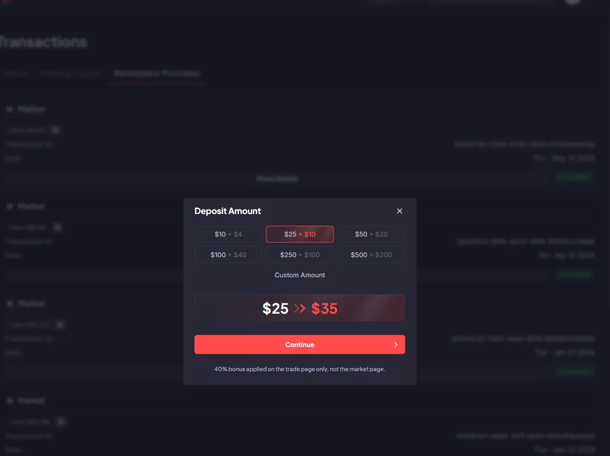 Deposit window showing the 40% bonus and the $2.08 card fee