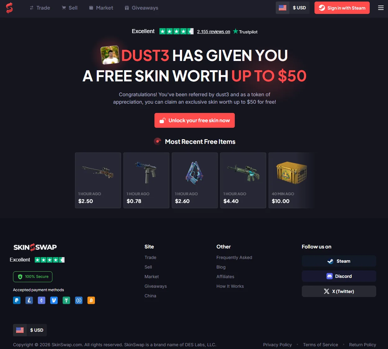 The free skin landing page with promo code 2026 applied