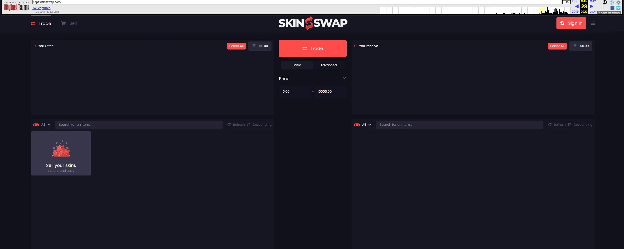 The Wayback Machine timeline for skinswap.com