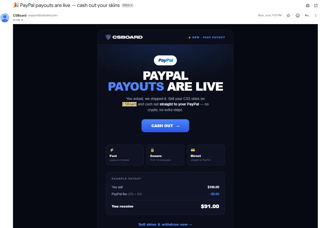CSBoard's email of 6 July 2026 announcing PayPal payouts, with the published 5% plus $4 tariff