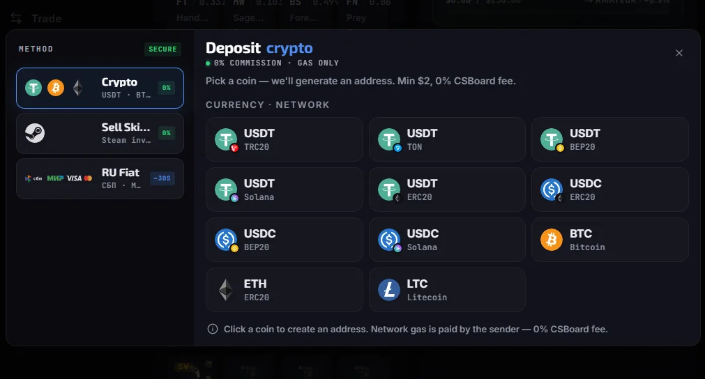 The deposit window: eleven crypto routes at 0% and a Russian fiat option