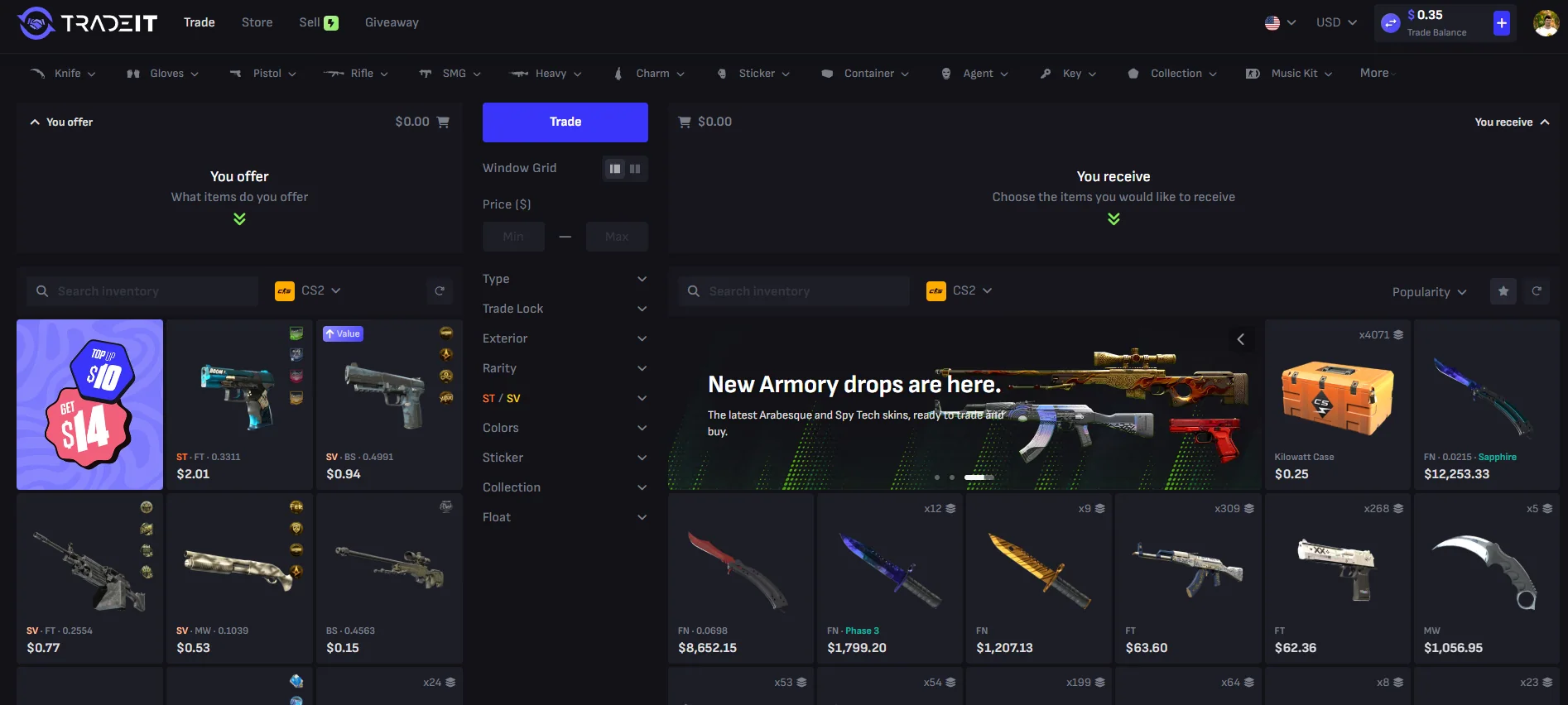 The Tradeit trade screen: your inventory on the left, the bot inventory on the right