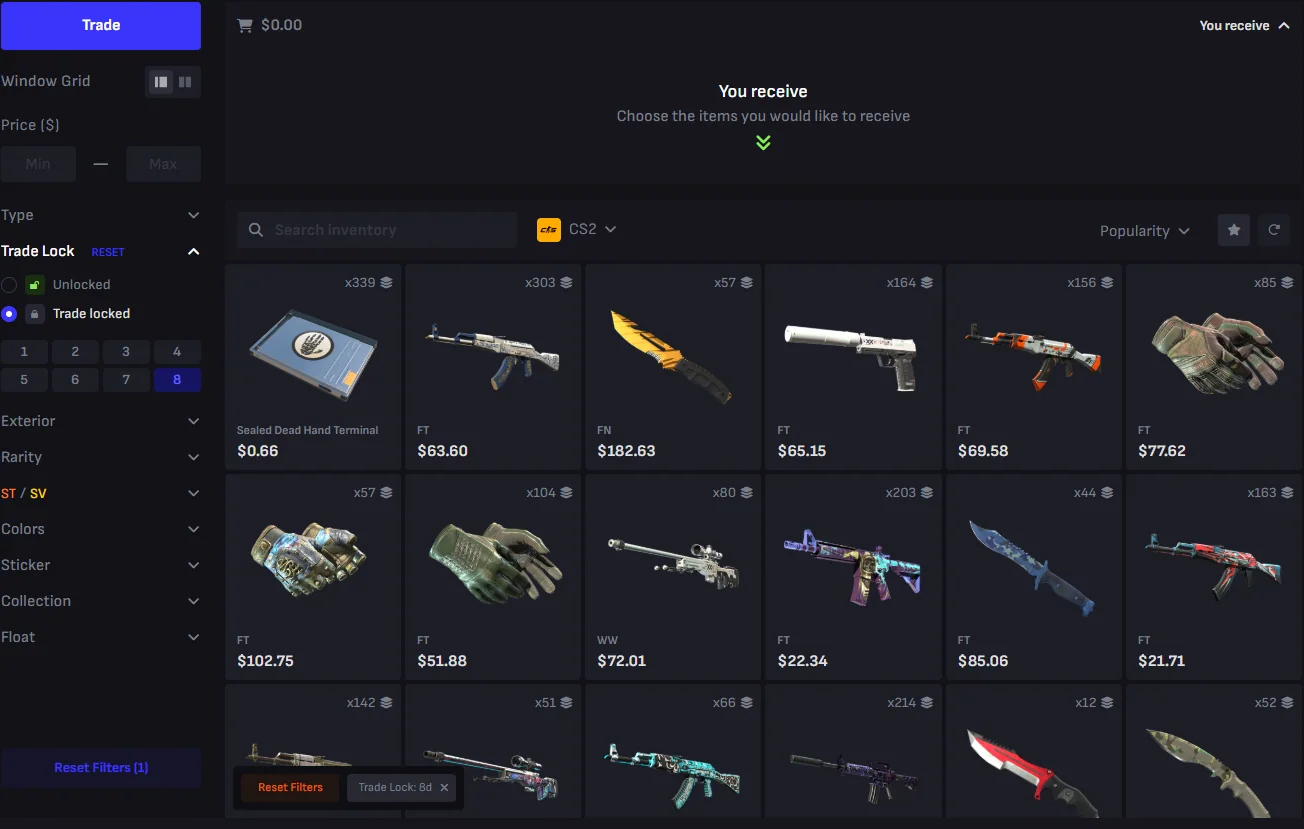 The trade lock filter, which lets you avoid held items when picking what to receive