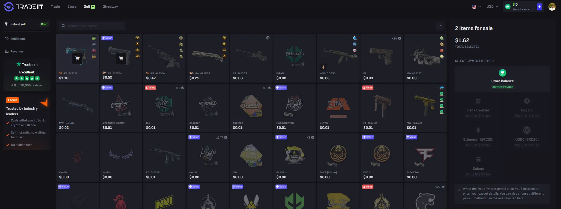 Tradeit's own sell banner listing bank, crypto and balance as cash out routes