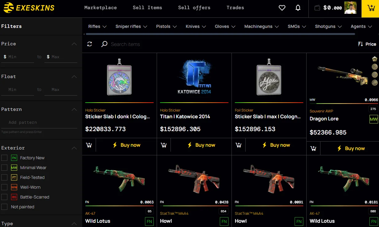 The Exeskins marketplace, where sellers list from their own Steam inventory