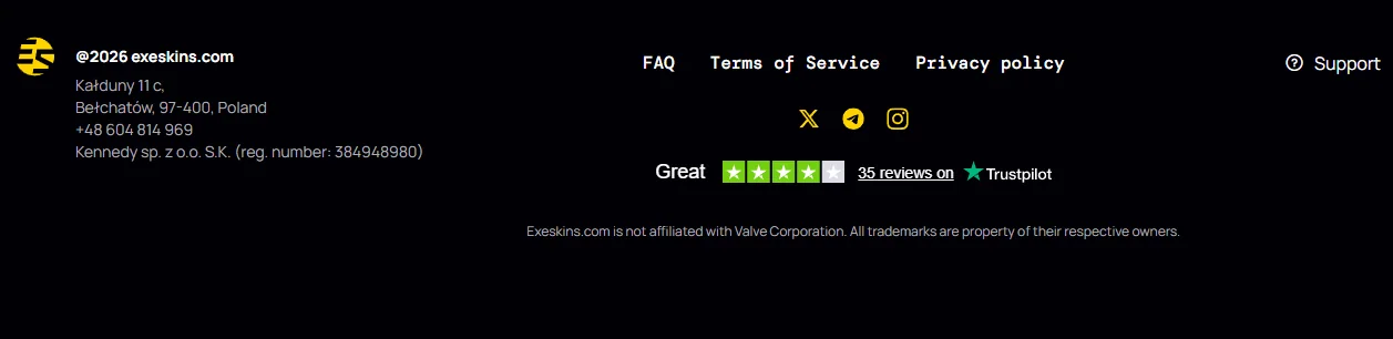 The Exeskins footer, with a street address, a phone number and a registration number