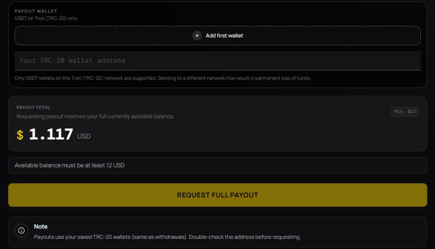 The withdrawal screen separates the payout eligible amount from the displayed balance