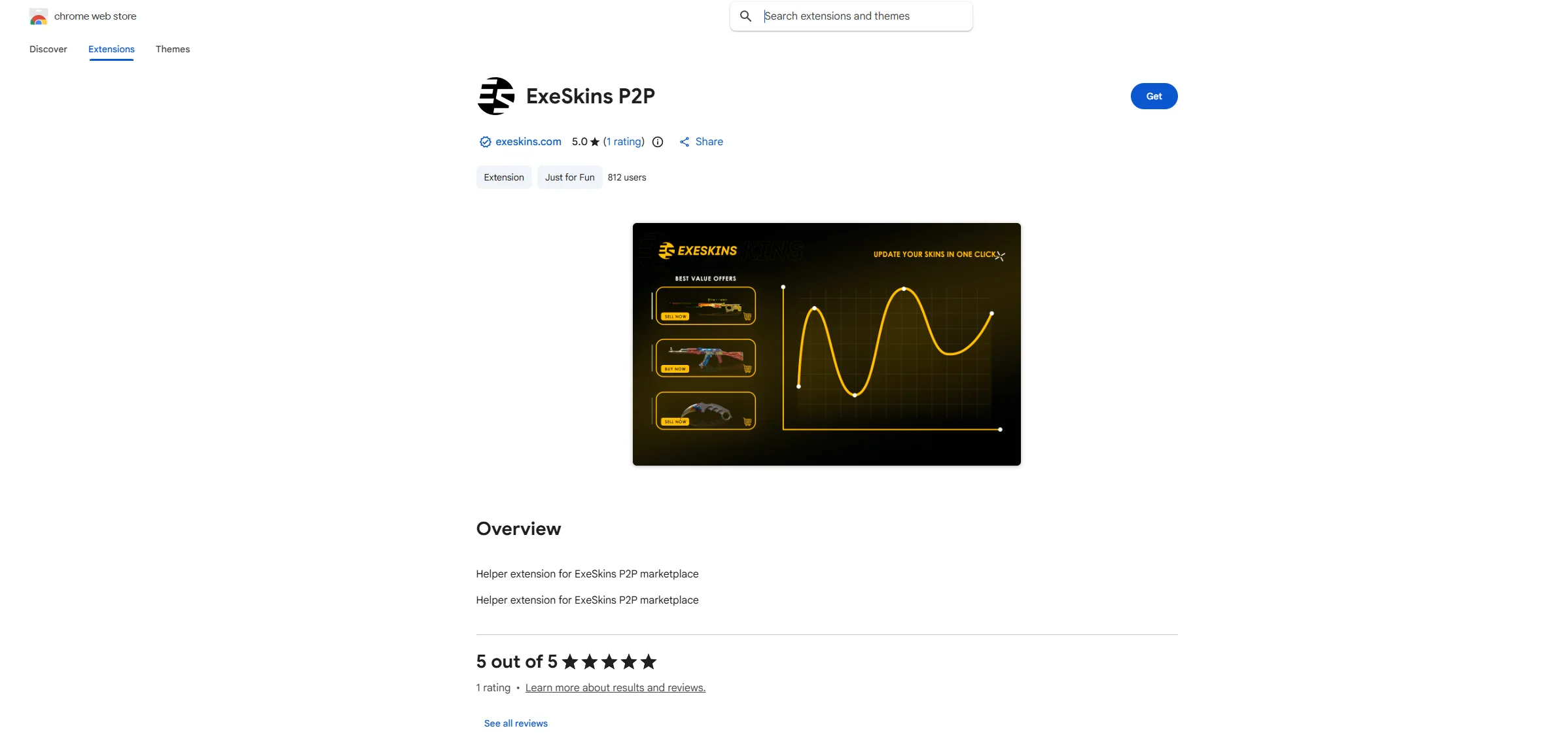 The ExeSkins P2P extension in the Chrome Web Store, verified against exeskins.com, 812 users