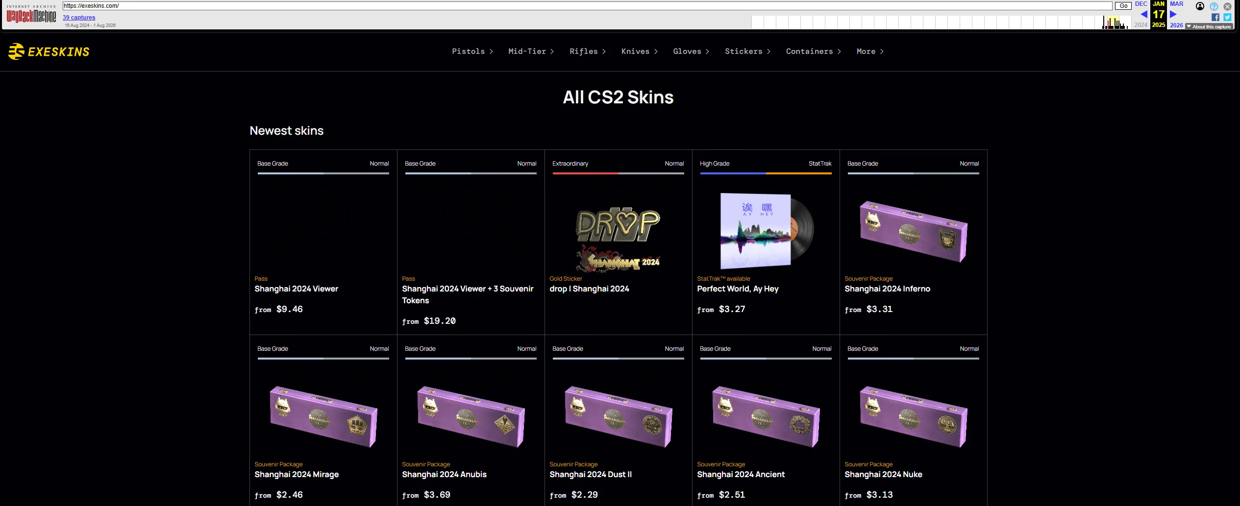 Exeskins in the web archive, January 2025, already running a full CS2 storefront