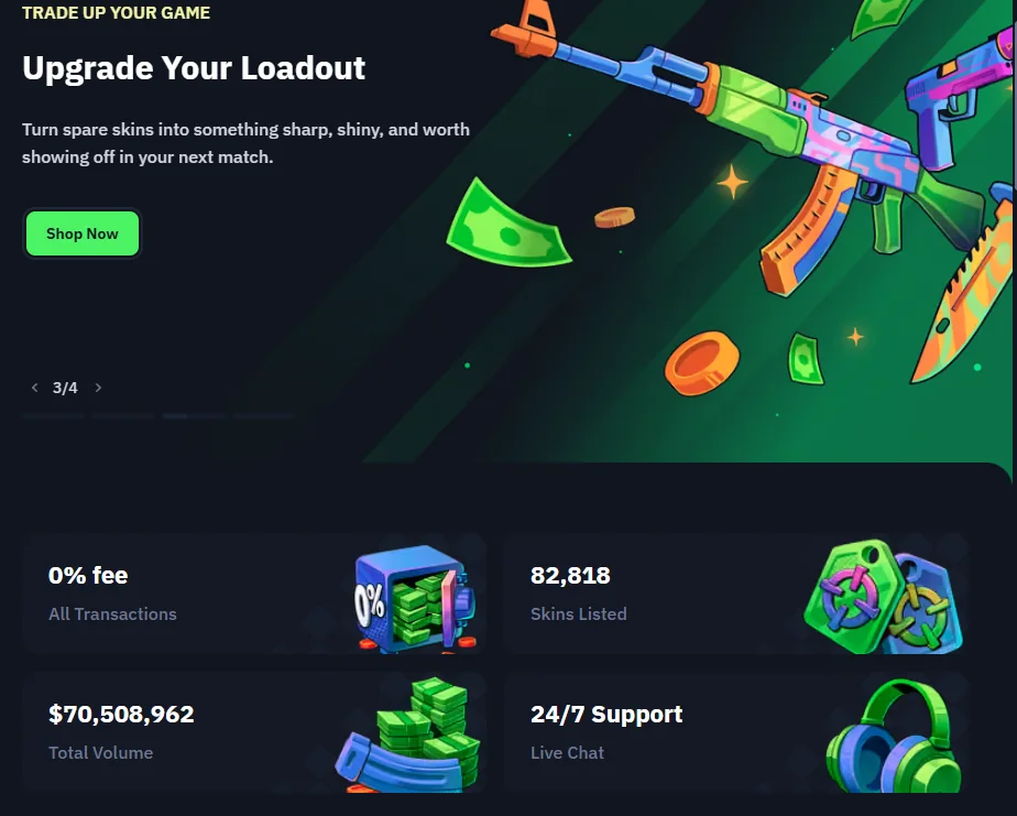 The Skins.com landing page, where the zero fee promise sits above the volume counters