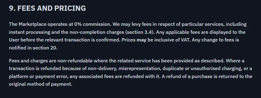 Section 9 of the Skins.com terms, where the zero commission claim carries its exceptions