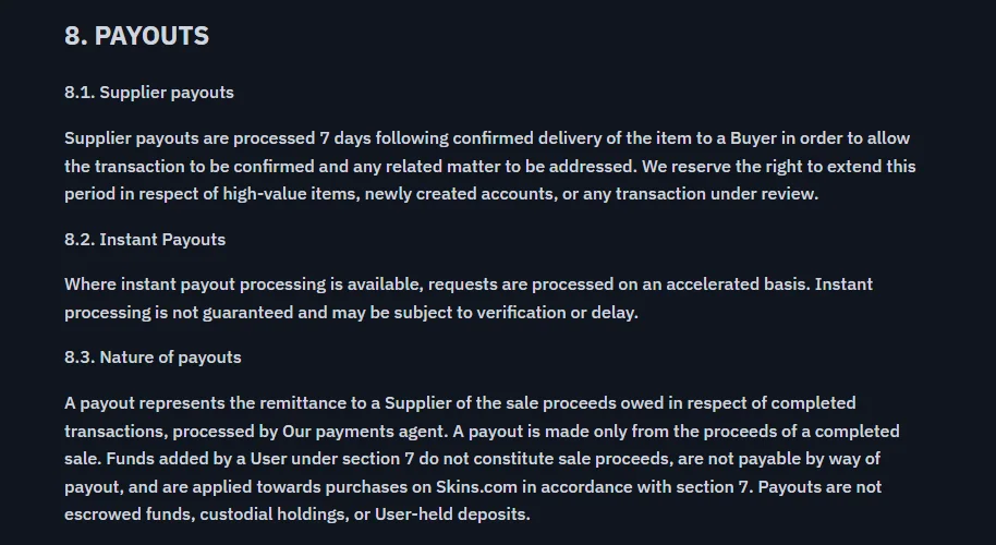 The seven day seller payout rule, with the extension clause underneath it