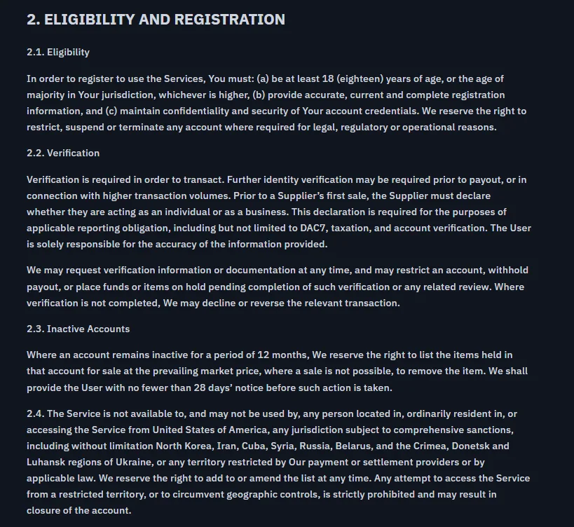 The verification clause, including the DAC7 declaration required before a first sale