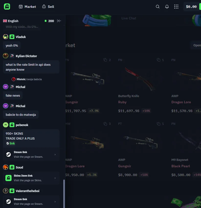 The Skins.com chat panel, with the live online counter at the top