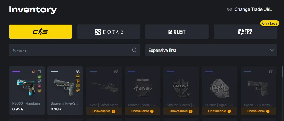 The Avan Market sell screen, where most of this inventory is marked Unavailable