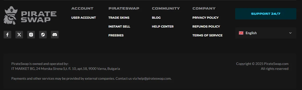 The company PirateSwap names in its own footer, and the registry entry behind it