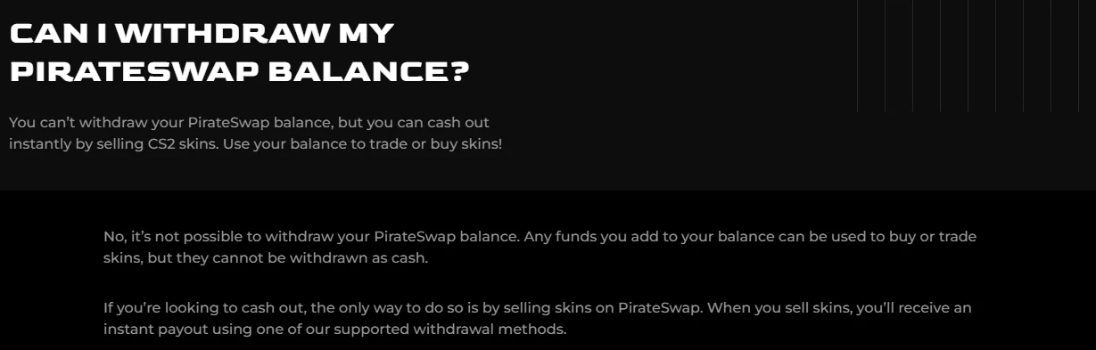 The PirateSwap help centre confirming that deposited balance never becomes cash