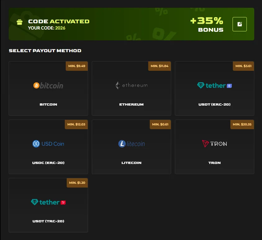 The code activates instantly, on a balance that cannot be withdrawn
